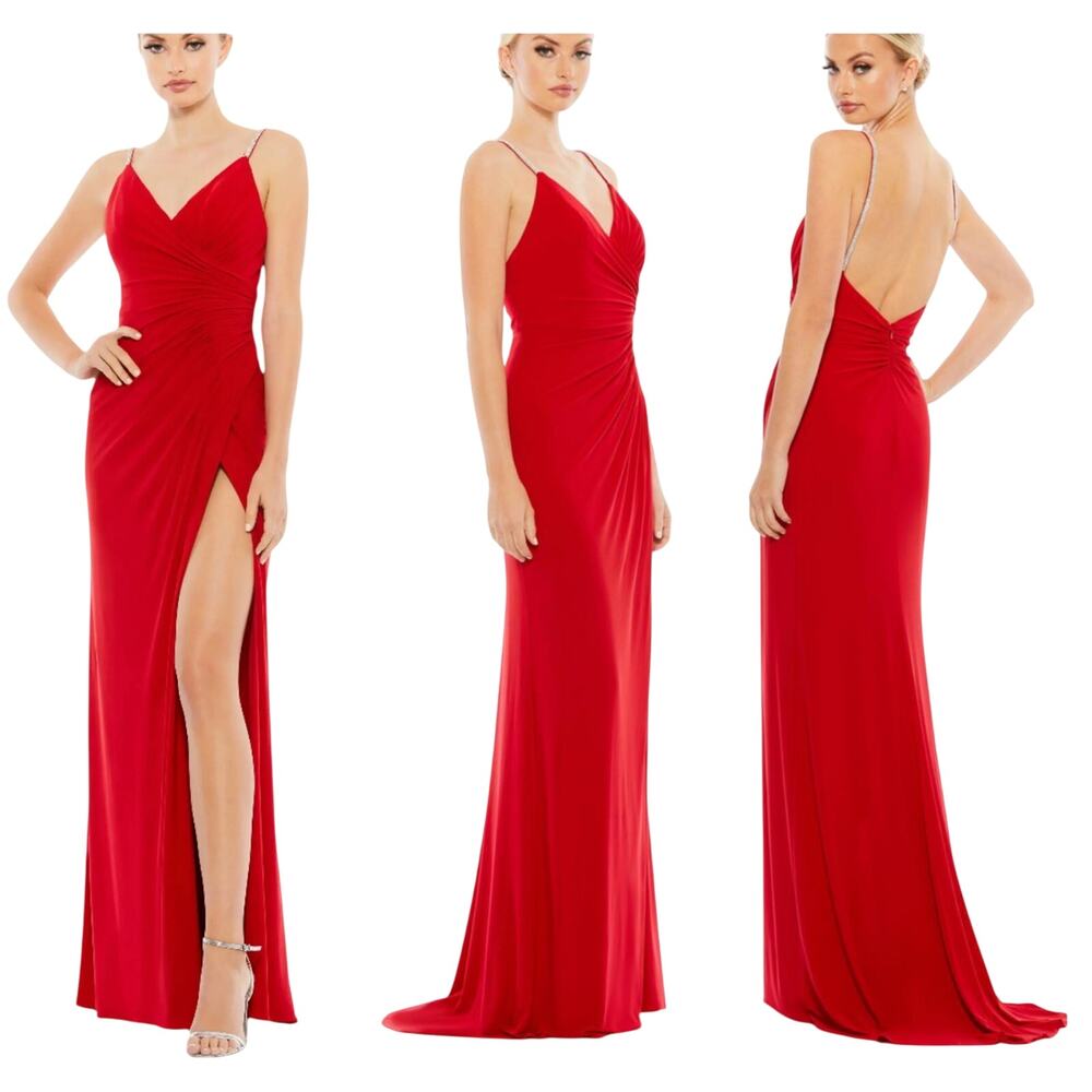 Mac Duggal NWT Red Faux Wrap V Neck Open Back Gown Rhinestone Strap Size 0